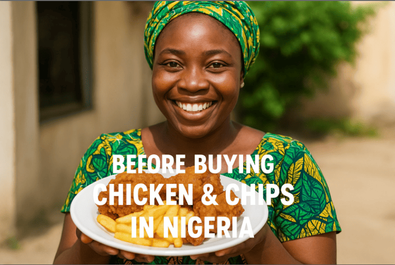 Woman Holding a Plate of Delicious Chicken and Chips Served In Nigeria With Sauce And Garnishing.