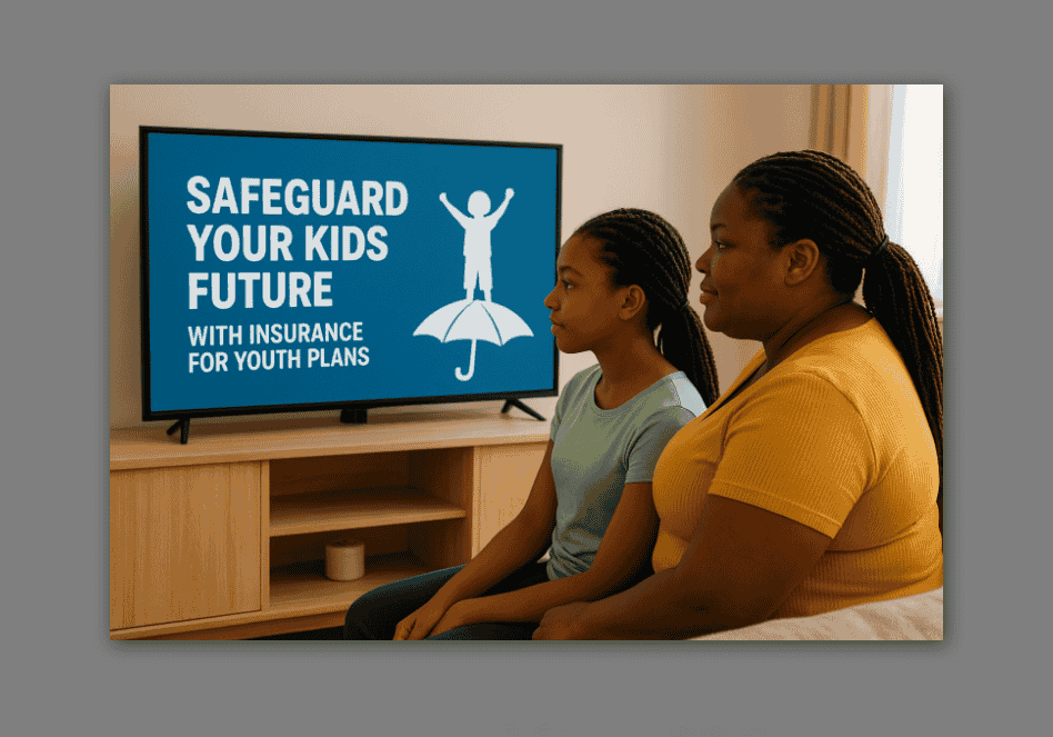 Photo of a Nigerian Mother with Her Daughter Gazing at a Banner Bearing, Safeguard Your Kids Future With Insurance for Youth Plans.