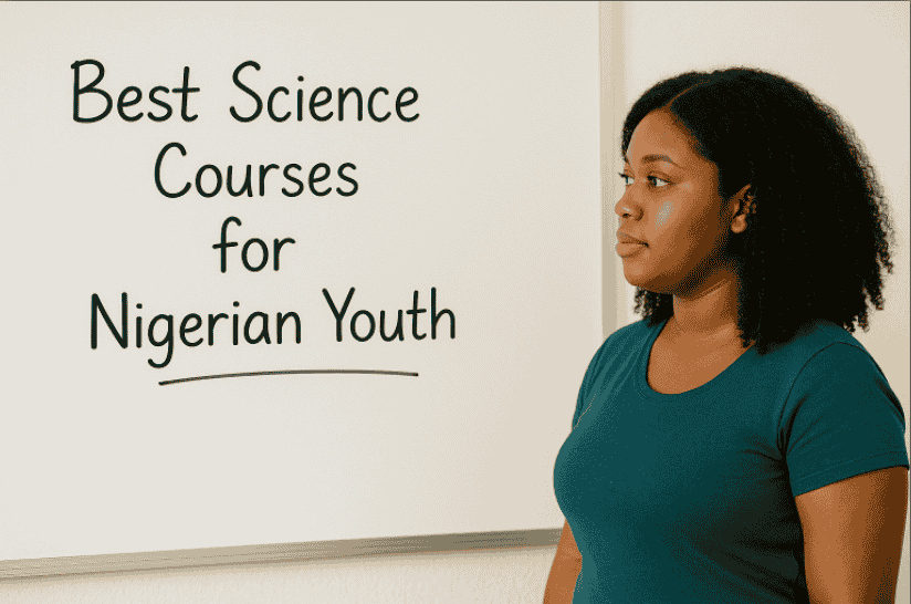 Nigerian female student looking at a classroom board with the inscription: Best Science Courses for Nigerian Youth.
