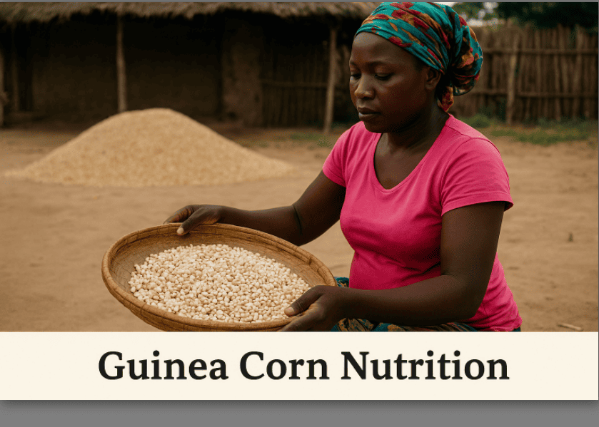 Guinea corn health benefits include improved digestion, blood sugar regulation, and strength—pictured here is a woman processing guinea corn