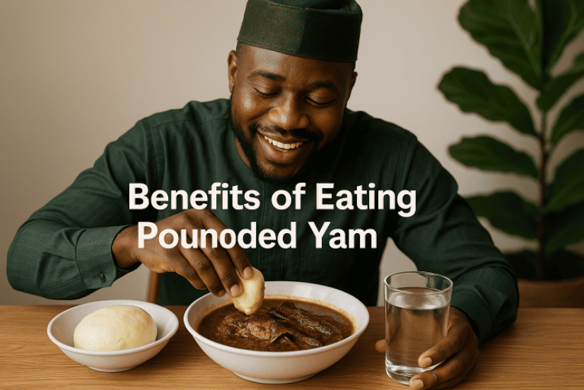 Photo of a Nigerian Man Eating Pounded Yam With Okro Soup.